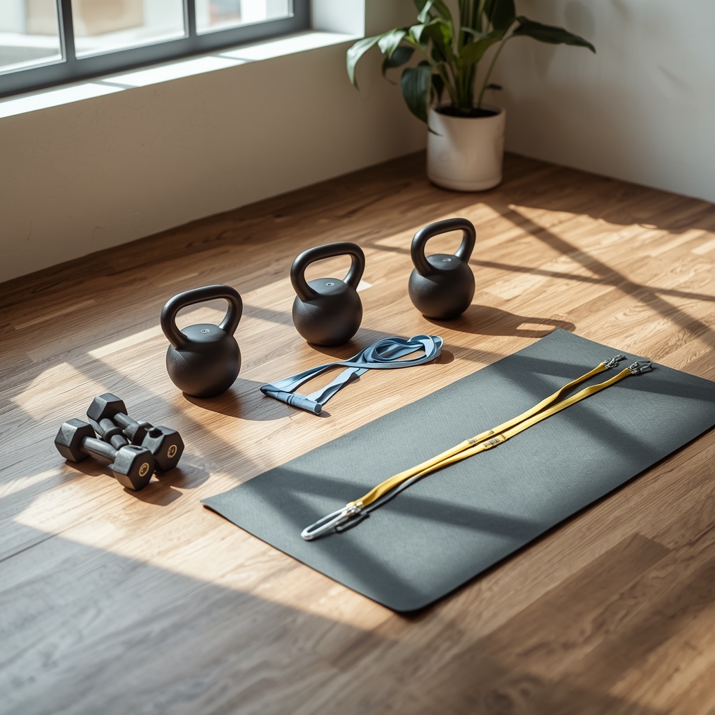A modern home gym setup with kettlebells dumbbells resistance bands and yoga mat arranged on wooden floor in bright natural sunlight - generated by Nano Banana2